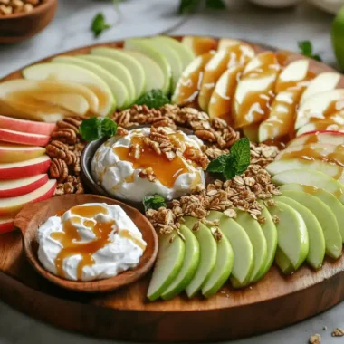 Apple slices paired with cheese, peanut butter, and caramel on a wooden board
