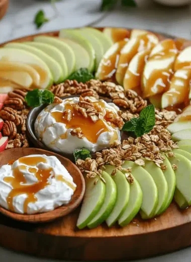 Apple slices paired with cheese, peanut butter, and caramel on a wooden board