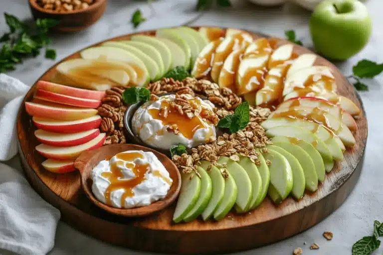 Apple slices paired with cheese, peanut butter, and caramel on a wooden board