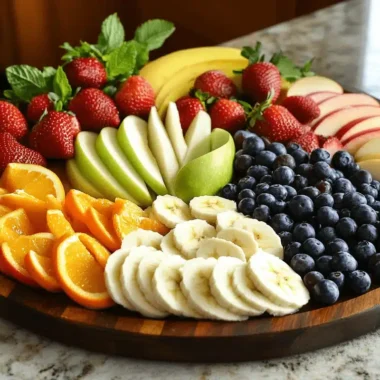 A variety of fresh fruits including apples, berries, bananas, and citrus on a wooden platter