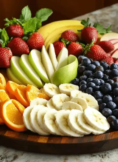A variety of fresh fruits including apples, berries, bananas, and citrus on a wooden platter
