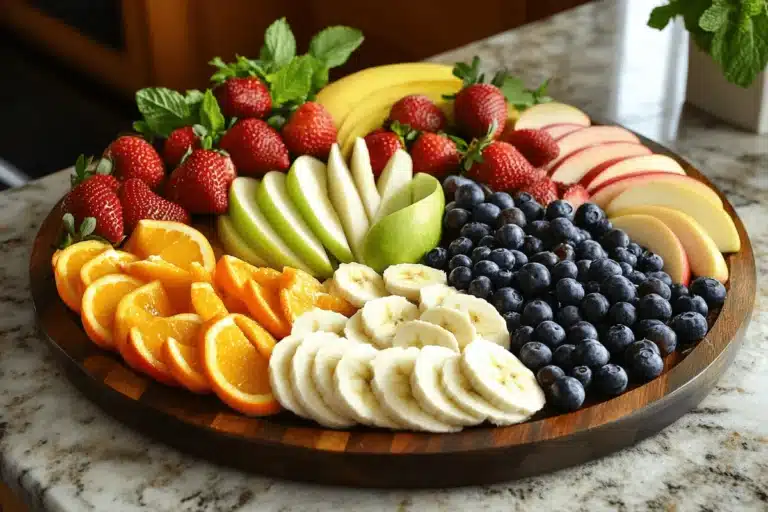 A variety of fresh fruits including apples, berries, bananas, and citrus on a wooden platter