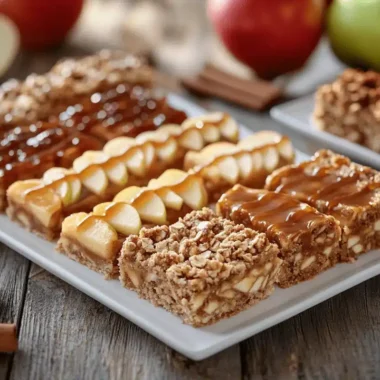 Freshly baked apple bars with a crumbly topping served on a plate