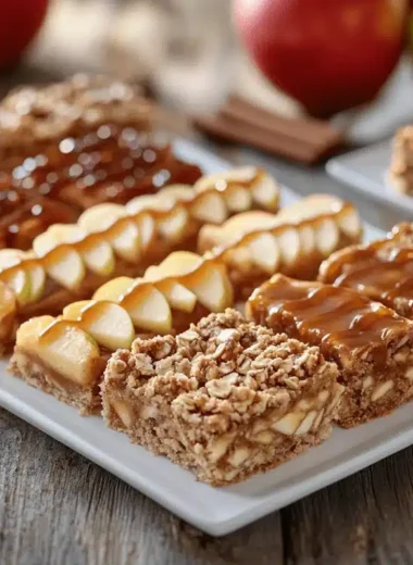Freshly baked apple bars with a crumbly topping served on a plate