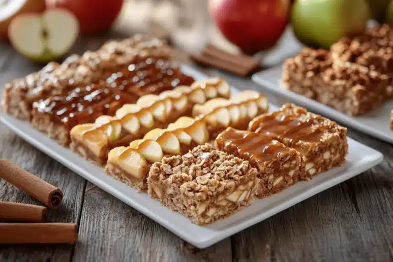 Freshly baked apple bars with a crumbly topping served on a plate