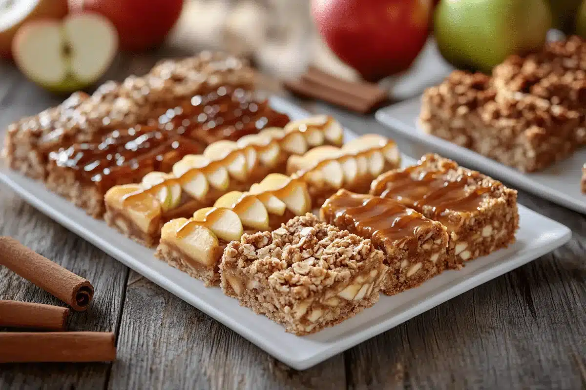 Freshly baked apple bars with a crumbly topping served on a plate