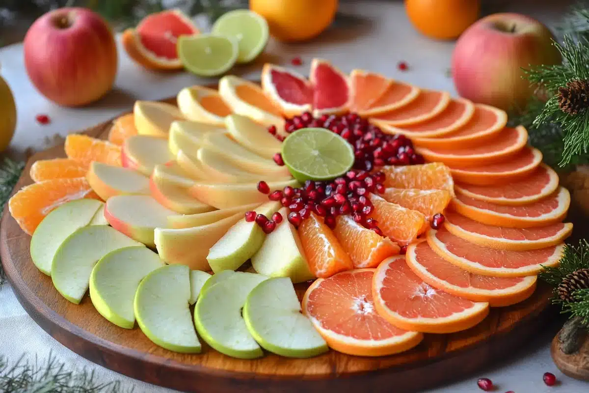 A variety of fresh fruits including apples, berries, bananas, and citrus on a wooden platter