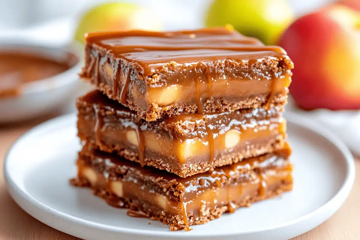 Freshly baked apple bars with a crumbly topping served on a plate