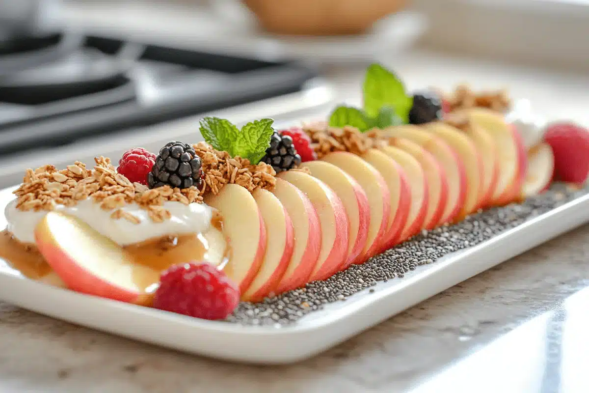 Apple slices paired with cheese, peanut butter, and caramel on a wooden board