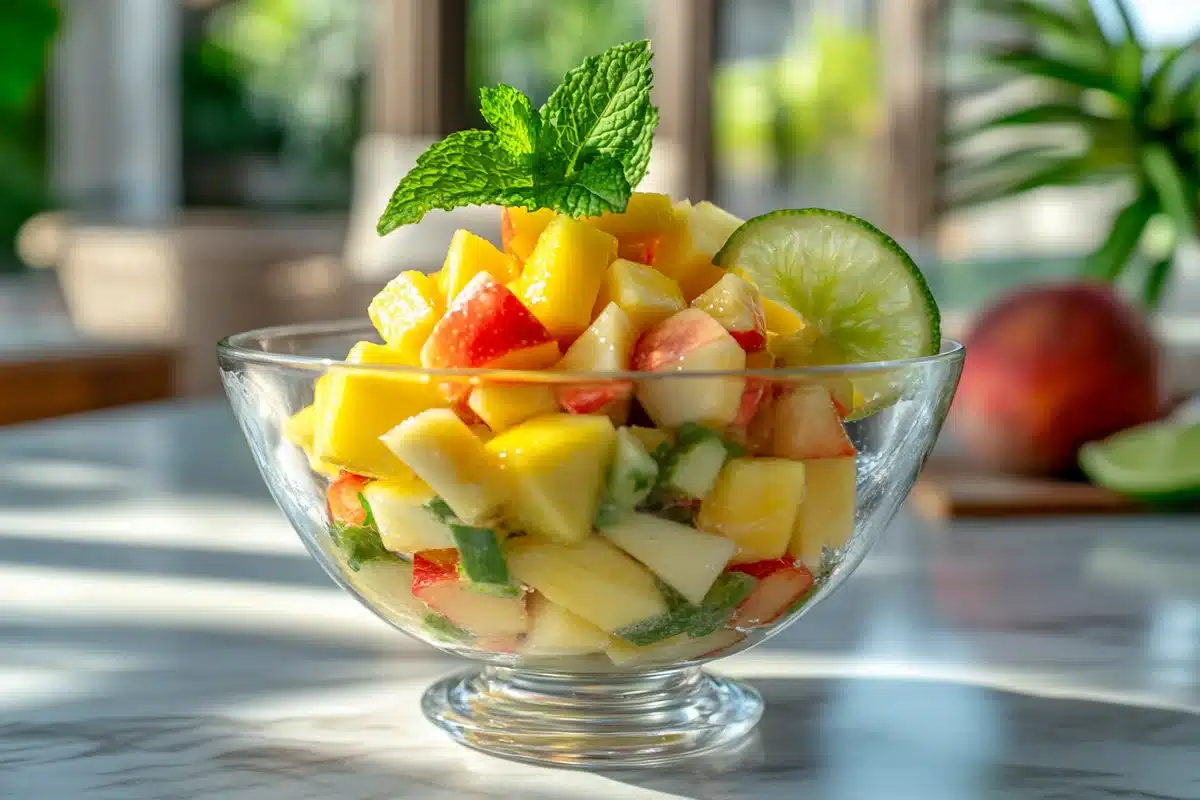A variety of fresh fruits including apples, berries, bananas, and citrus on a wooden platter