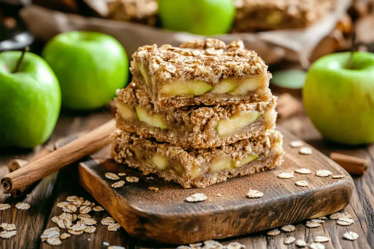 Freshly baked apple bars with a crumbly topping served on a plate