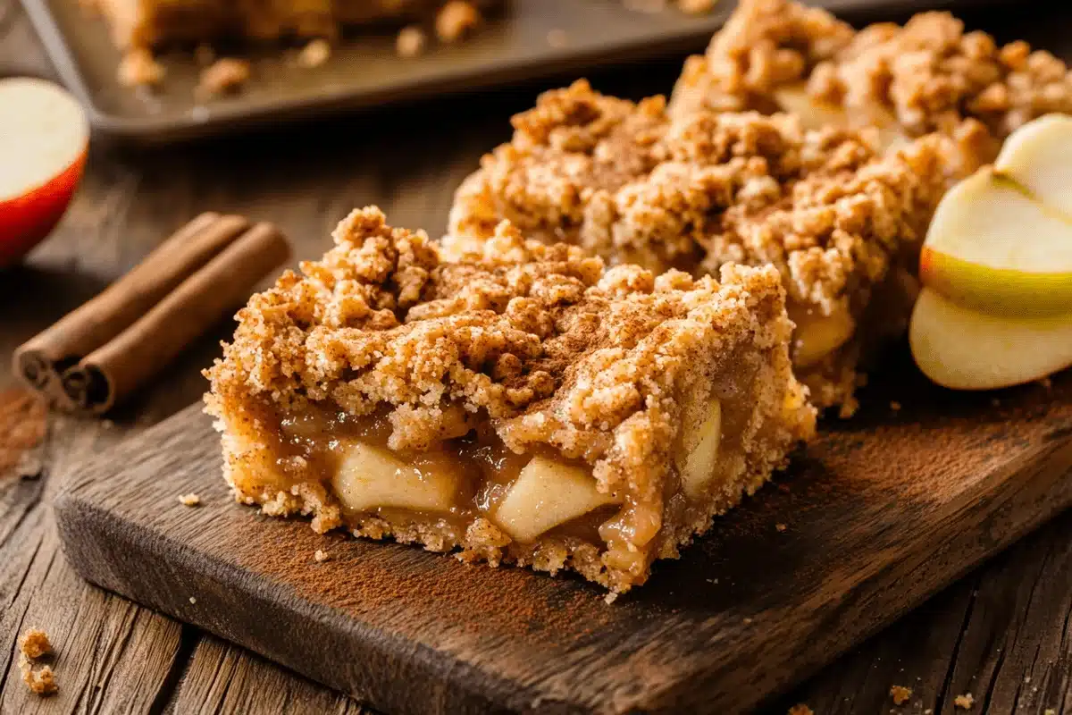Freshly baked apple bars with a crumbly topping served on a plate