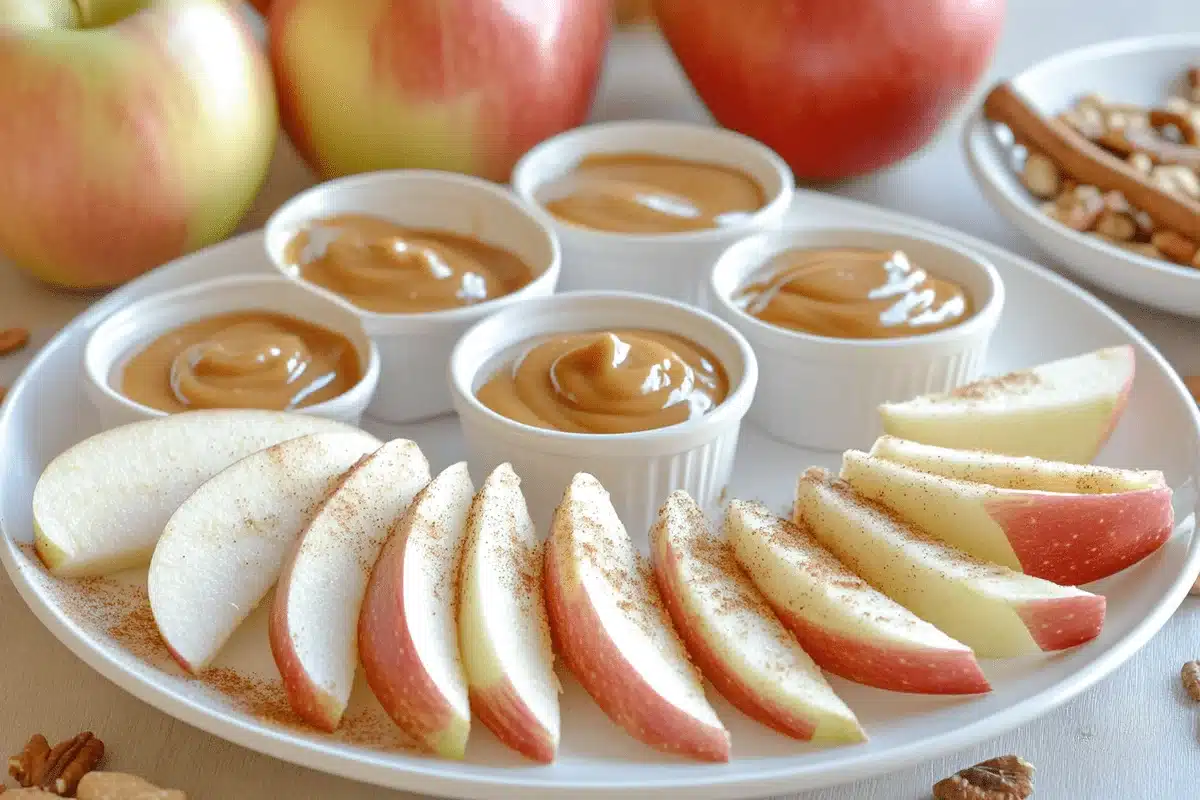 Apple slices paired with cheese, peanut butter, and caramel on a wooden board