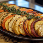 A tray of colorful roasted root vegetables, caramelized to perfection and ready to serve.