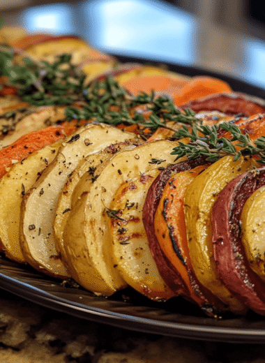 A tray of colorful roasted root vegetables, caramelized to perfection and ready to serve.