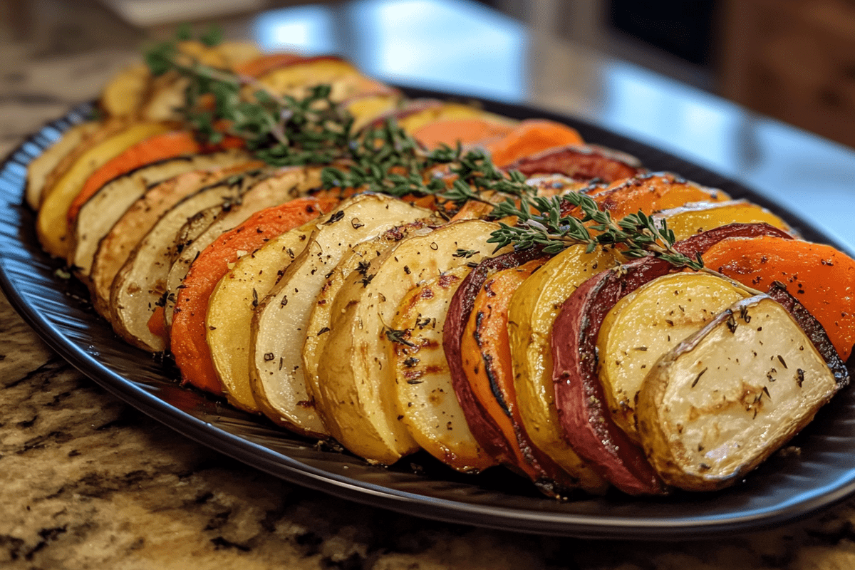 A tray of colorful roasted root vegetables, caramelized to perfection and ready to serve.