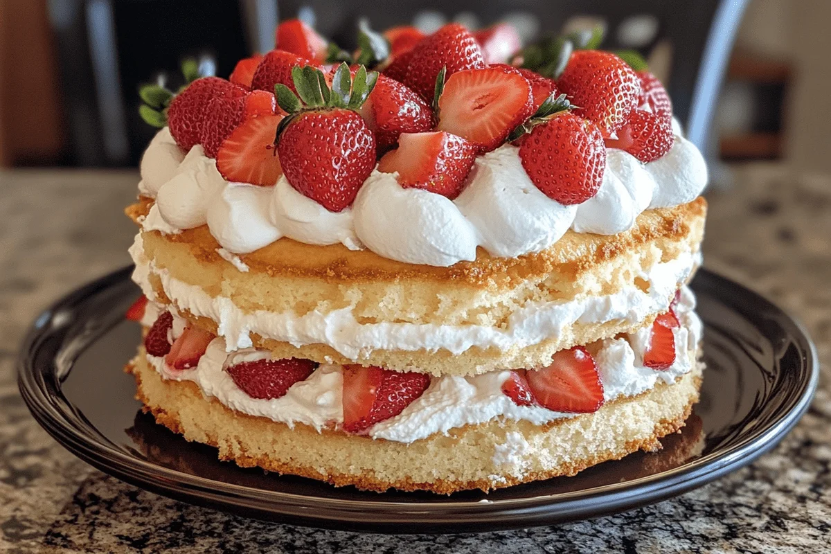 Layered Strawberry Heaven on Earth Cake with whipped topping and fresh strawberries.