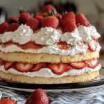 Layered Strawberry Heaven on Earth Cake with whipped topping and fresh strawberries.