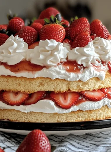 Layered Strawberry Heaven on Earth Cake with whipped topping and fresh strawberries.