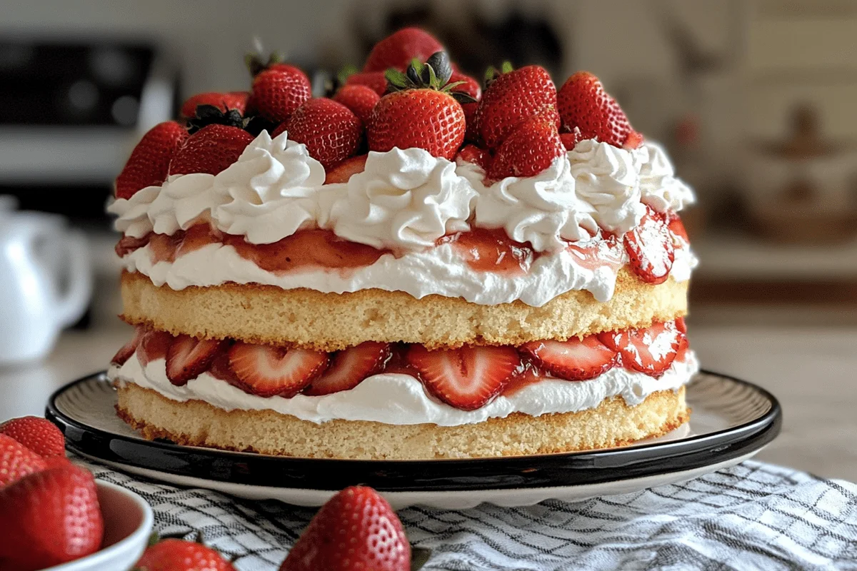 Layered Strawberry Heaven on Earth Cake with whipped topping and fresh strawberries.