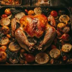 Golden-brown roasted turkey on a serving platter with herbs and lemon.