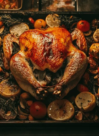Golden-brown roasted turkey on a serving platter with herbs and lemon.