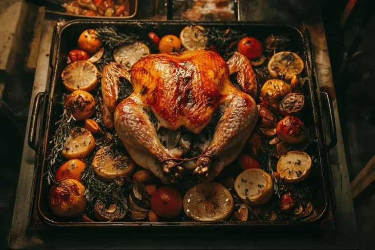 Golden-brown roasted turkey on a serving platter with herbs and lemon.