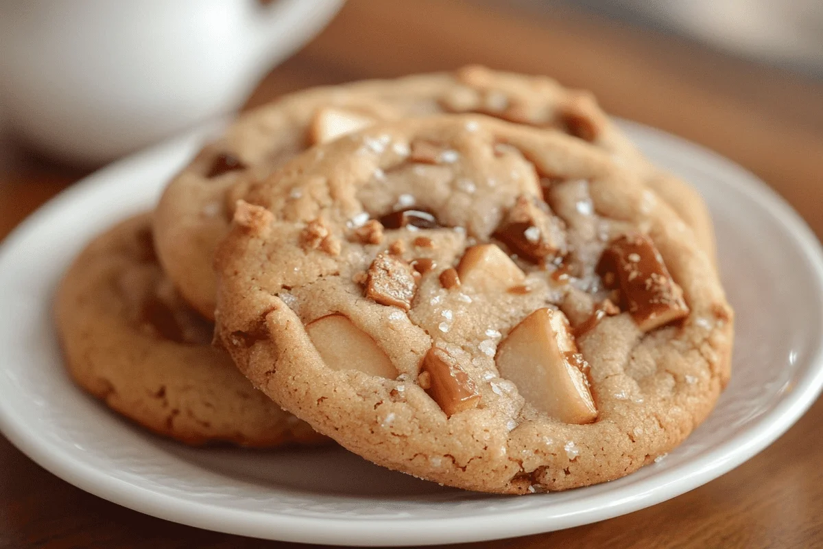 Soft caramel apple cookies filled with gooey caramel and tart apple pieces