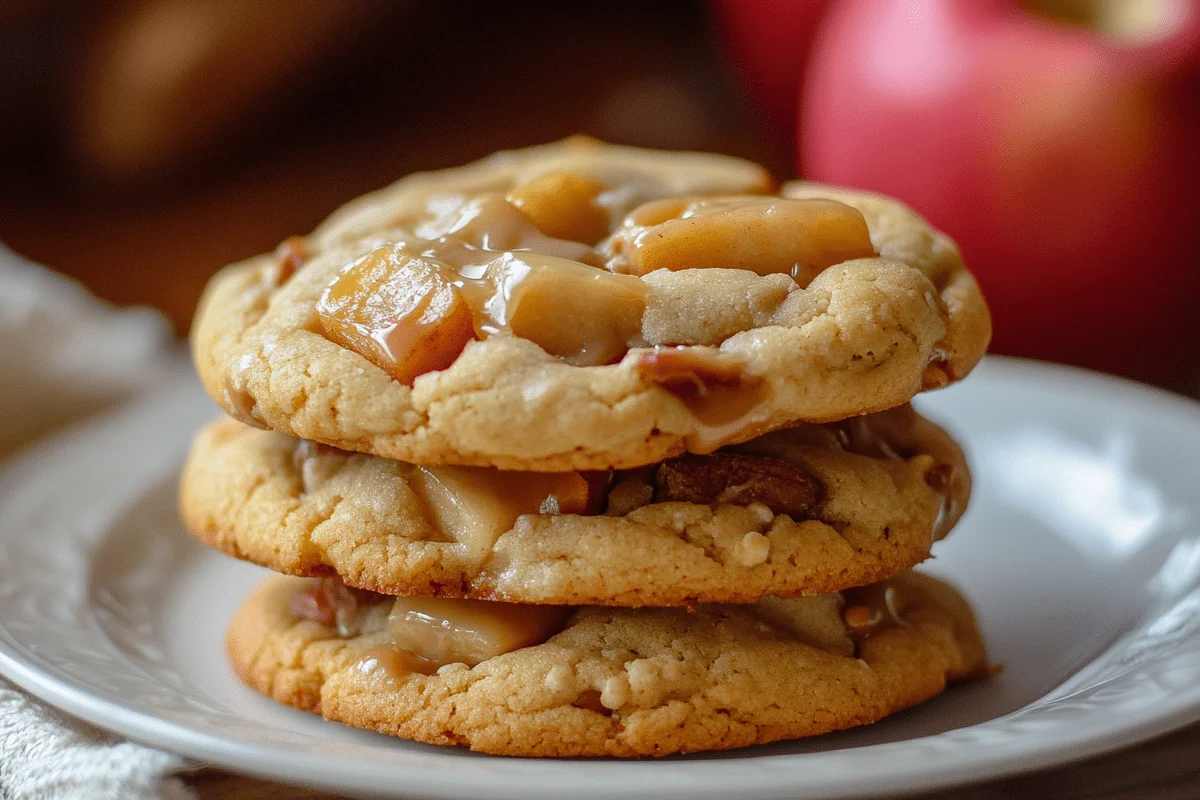 Soft caramel apple cookies filled with gooey caramel and tart apple pieces