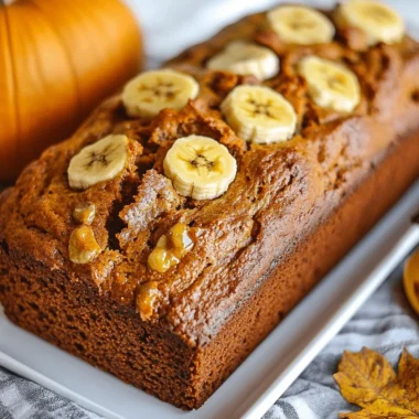 Moist pumpkin banana bread with warm spices and banana flavor.