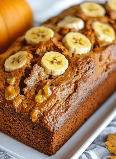 Moist pumpkin banana bread with warm spices and banana flavor.