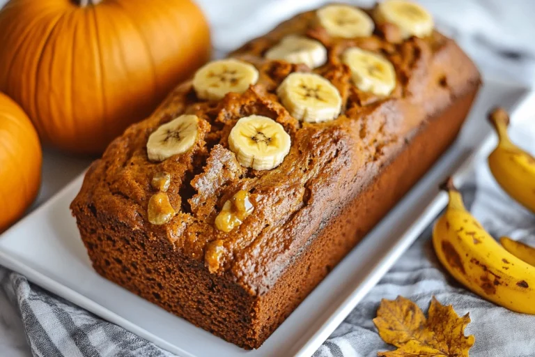 Moist pumpkin banana bread with warm spices and banana flavor.
