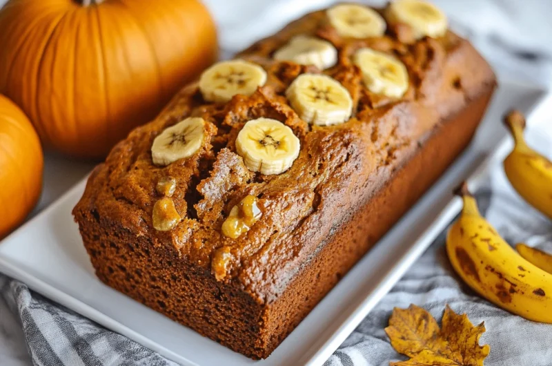Moist pumpkin banana bread with warm spices and banana flavor.