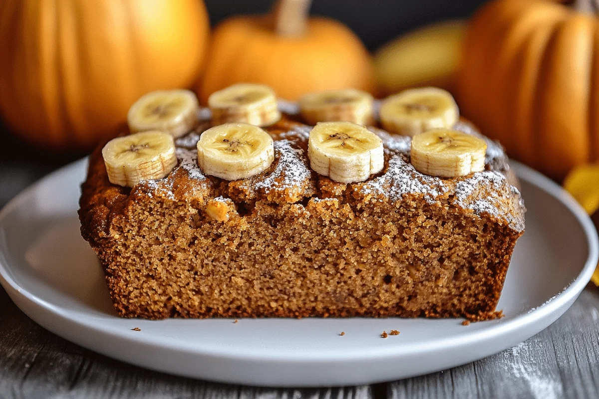 Moist pumpkin banana bread with warm spices and banana flavor.
