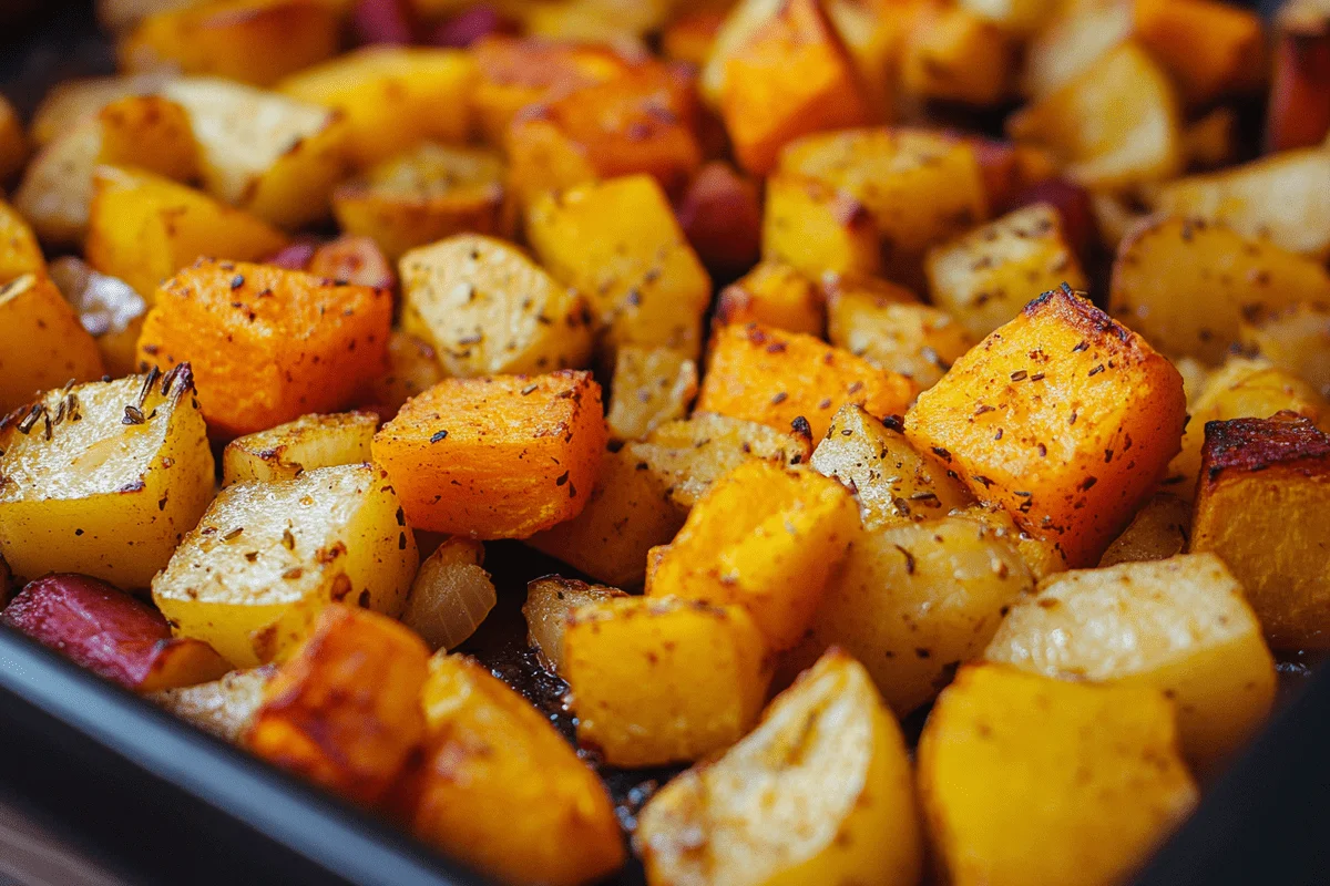 A tray of colorful roasted root vegetables, caramelized to perfection and ready to serve.