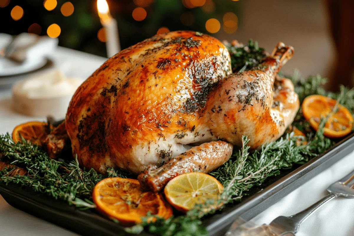 Golden-brown roasted turkey on a serving platter with herbs and lemon.