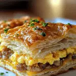 A plate of freshly baked All-in-One Breakfast Biscuits, golden brown and flaky, filled with melted cheese, crumbled sausage, and fluffy scrambled eggs. The biscuits are arranged on a simple white plate, with a softly blurred kitchen background and natural lighting highlighting their texture and warmth