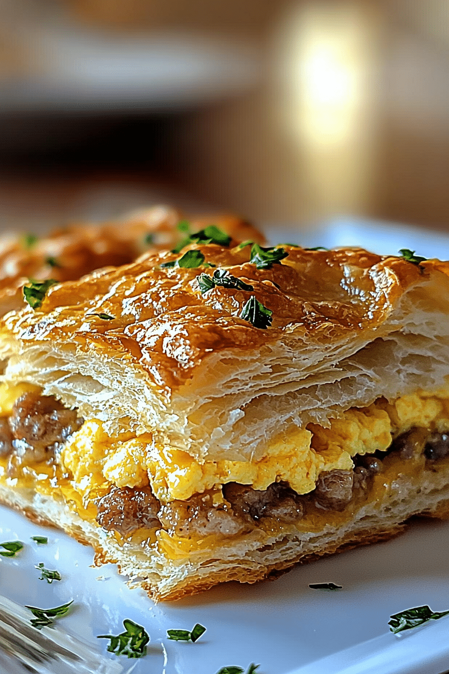 A plate of freshly baked All-in-One Breakfast Biscuits, golden brown and flaky, filled with melted cheese, crumbled sausage, and fluffy scrambled eggs. The biscuits are arranged on a simple white plate, with a softly blurred kitchen background and natural lighting highlighting their texture and warmth