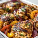 Overhead view of baked fajita chicken breasts with peppers and onions