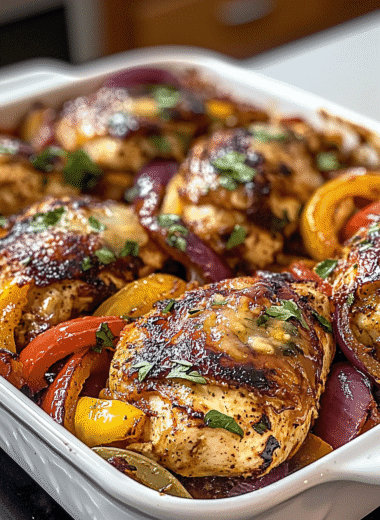 Overhead view of baked fajita chicken breasts with peppers and onions