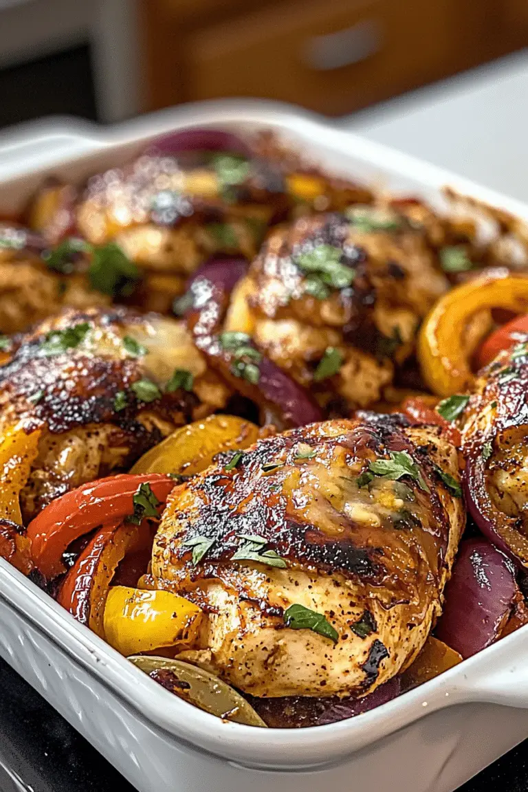 Overhead view of baked fajita chicken breasts with peppers and onions