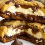 Cheesecake-stuffed chocolate chip cookie bites on a plate