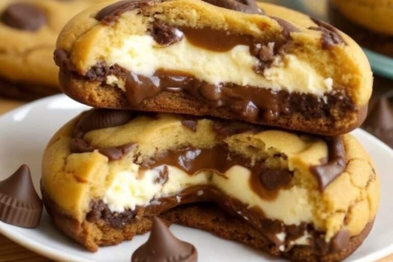 Cheesecake-stuffed chocolate chip cookie bites on a plate
