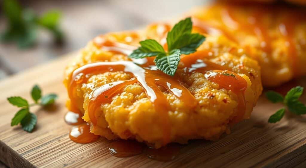 A close-up view of a delectable pineapple fritter, freshly fried to a golden crisp. The fritter is nestled on a wooden cutting board, drizzled with a glistening glaze and garnished with a sprig of fresh mint. The lighting is soft and warm, casting a inviting glow on the textured exterior. The fritter is in sharp focus, with a shallow depth of field blurring the background to emphasize the irresistible details. The scene conveys a sense of homemade indulgence, the quintessential tropical treat.
