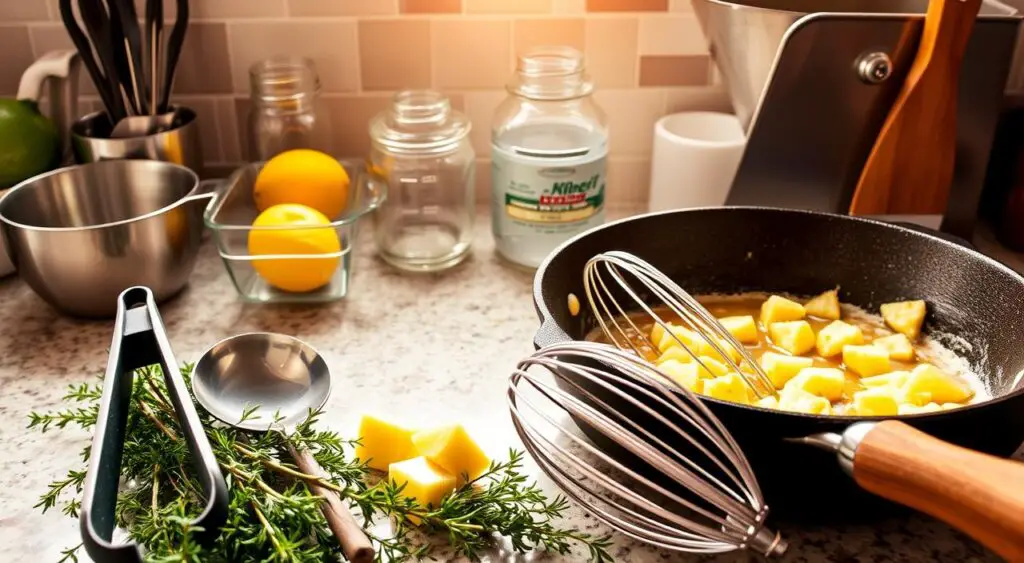 A countertop arrangement of various kitchen tools for frying up delectable pineapple fritters. In the foreground, a pair of tongs, a slotted spoon, and a whisk nestle among sprigs of fresh thyme. In the middle ground, a mixing bowl filled with a batter of chopped pineapple, flour, and eggs sits beside a deep cast-iron skillet. The background features an assortment of measuring cups, a citrus juicer, and a chef's knife with a wooden handle, all bathed in warm, natural lighting that casts a golden glow over the scene.