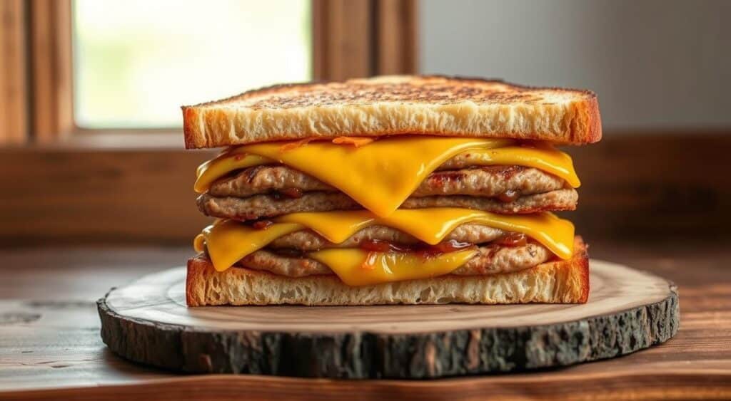 A double-decker turkey patty melt resting on a rustic wooden surface, its layers of toasted sourdough bread, melted Swiss cheese, and juicy turkey patties glistening under the soft, even lighting of a natural window. The patties are seared to a golden-brown hue, the cheese oozing temptingly between the slices. The scene is framed by a simple, minimalist background, allowing the delectable sandwich to take center stage. The overall mood is one of mouthwatering anticipation, inviting the viewer to imagine the satisfying crunch and savory flavors of this hearty, comforting dish.