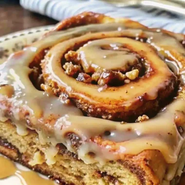 A freshly prepared Banana Bread Cinnamon Rolls recipe with golden swirls, ripe banana filling, and creamy yogurt glaze, served warm on a white plate