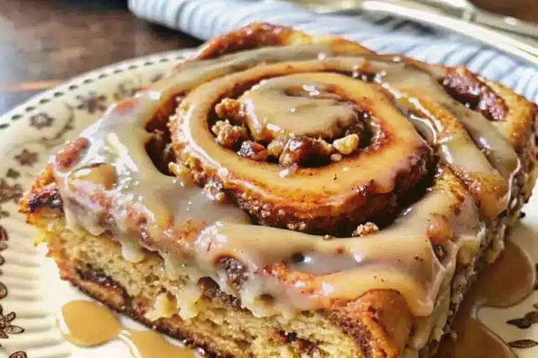A freshly prepared Banana Bread Cinnamon Rolls recipe with golden swirls, ripe banana filling, and creamy yogurt glaze, served warm on a white plate