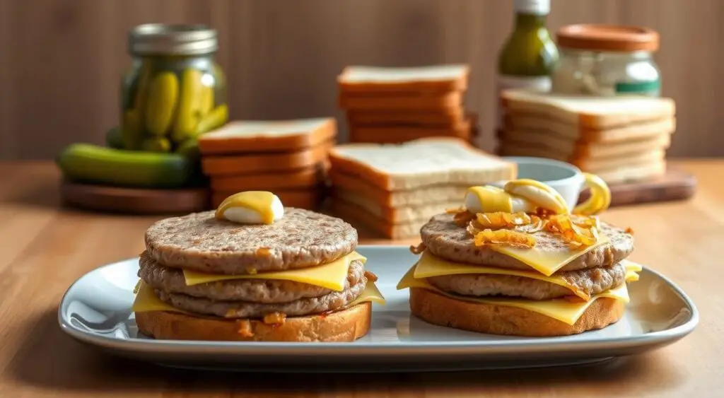 A neatly arranged spread of ingredients for a double decker turkey patty melt, illuminated by soft, natural lighting. In the foreground, two thick, juicy turkey patties sit atop slices of rye bread, accompanied by melted Swiss cheese, sautéed onions, and a dollop of Dijon mustard. In the middle ground, a stack of crisp, golden-brown bread slices, a jar of pickles, and a bottle of condiment. The background features a wooden table surface, with a simple, minimalist backdrop allowing the ingredients to take center stage.