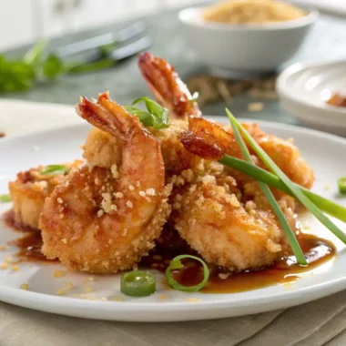 A freshly prepared crispy honey-glazed shrimp recipe with vibrant golden-brown shrimp glazed in a shiny honey sauce, served on a white plate with green onions